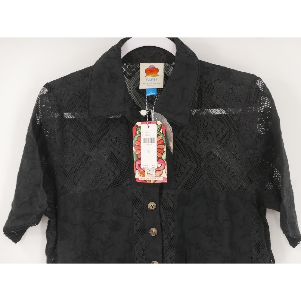 Farm Rio Shirt Black Lace Button Up Tunic Sheer Geometric Boho Women's XS